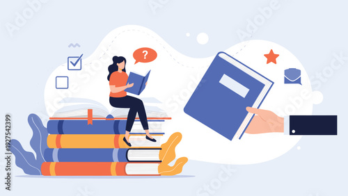 Education and reading concept with a student sitting on a stack of giant books while a hand offers her a new blue book to read for learning.