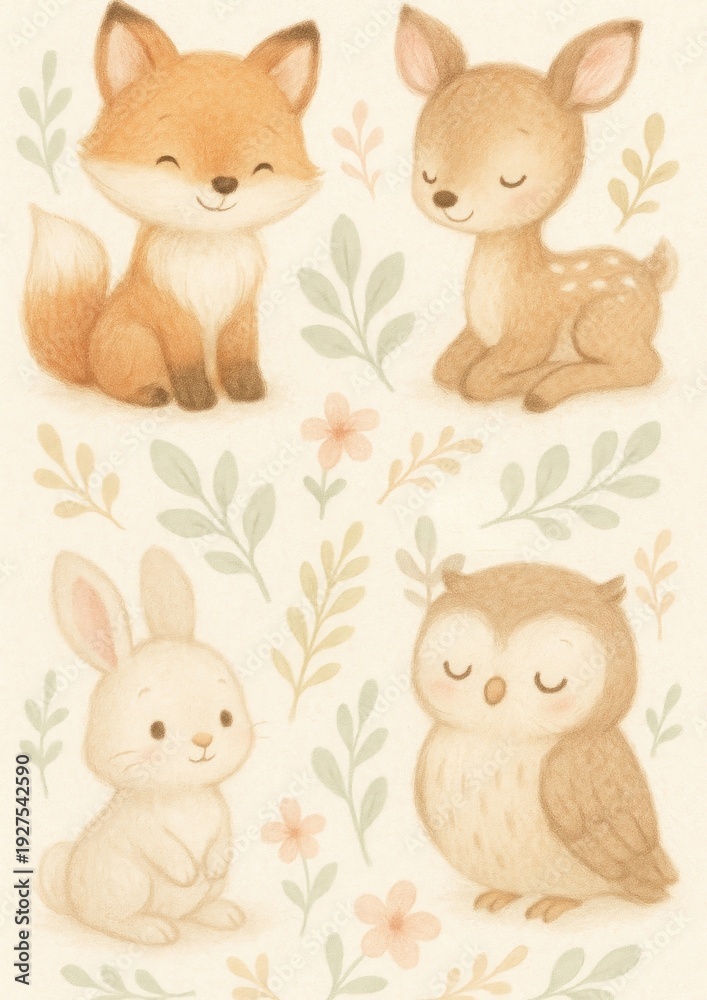 Obraz premium Cute woodland animals illustration wallpaper.