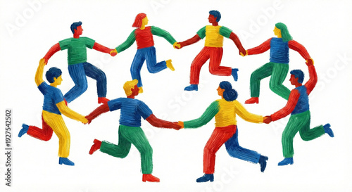 A group of adults holding hands and running in a circle, featuring a colorful painterly effect with visible brushstrokes.