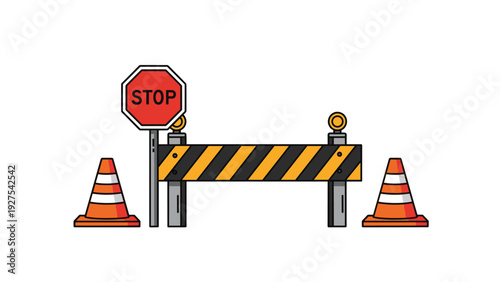 Road maintenance and safety concept featuring a construction barrier with a stop sign and orange traffic cones for traffic control and detours.