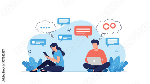 Digital communication and social networking concept with a man and woman using a laptop and tablet with various chat bubbles for online connection.