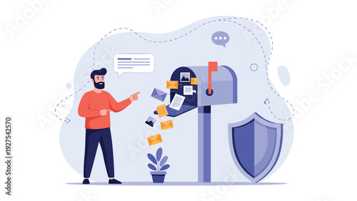 Man pointing to overflowing mailbox with incoming digital emails and security shield representing protected communication.