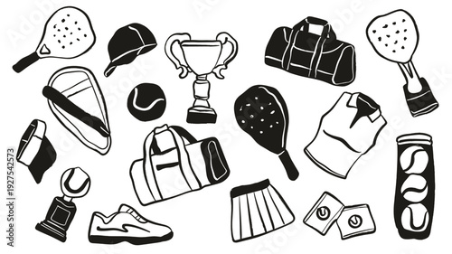 Black and white hand-drawn vector set of tennis padel equipment and accessories. Minimalist doodle style isolated on white background, perfect for sports design, branding, posters, and prints.