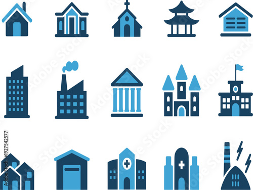 Professional real estate and public building icon set, modern house architectural exterior and city infrastructure illustration