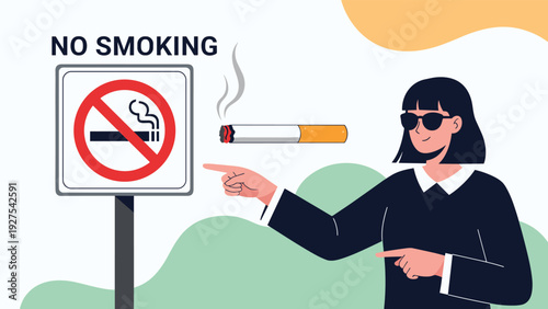 Young woman in sunglasses pointing at no smoking sign with lit cigarette floating in background for health awareness concept.