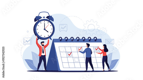 Team of office workers managing time with large clock and calendar marked with checkmarks for project deadline planning.