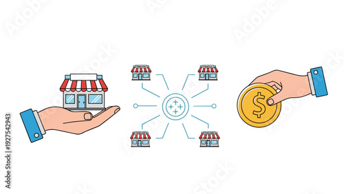 Business expansion concept with hand holding a store model connected to multiple locations and another holding a dollar coin.