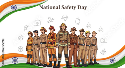 Indian workers and firefighters standing together on National Safety Day with safety symbols and Indian flag background