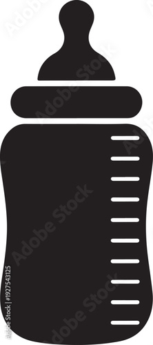 A black and white illustration of a baby bottle with a nipple and a cap