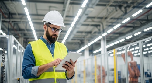Male factory engineer in safety vest and hard hat using a digital tablet to monitor automated production lines with robotic arms in a modern industrial facility.