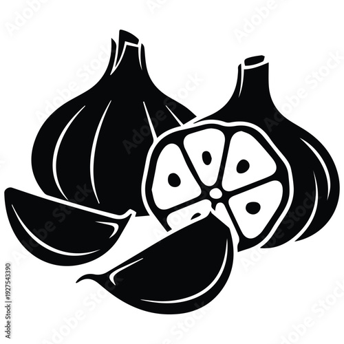 Black silhouette of garlic bulbs and cloves on white background