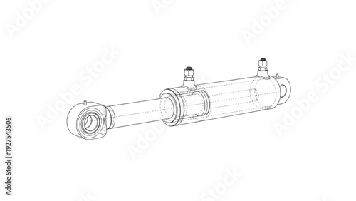 Digital 3D wireframe mesh of a hydraulic cylinder for technical visualization