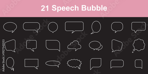 21 Speech bubbles thin line icons set. Speech, bubble, talk, chat, message, balloon and communication. Vector design. chat box for social media communication, digital marketing and customer support 