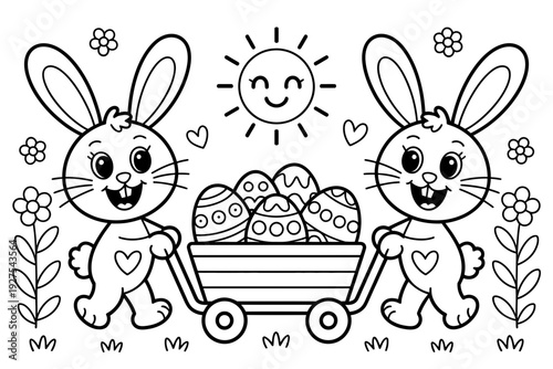 Bunny cartoon illustration with Easter eggs in a wagon outdoors