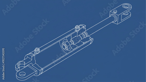 Cross section cutaway blueprint of a hydraulic cylinder showing internal components