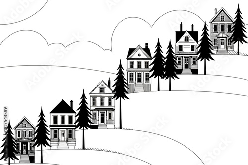 A black and white illustration of houses on a hillside with trees