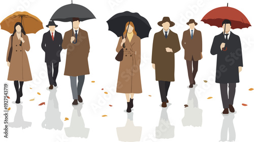 Pixel Art People With Umbrellas Walking In Autumn Rain Neutral Tones