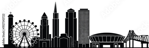 Black silhouette of a modern city skyline with skyscrapers, Ferris wheel, stadium, and bridge on white background, urban landscape, metropolitan architecture, and tourism concept.