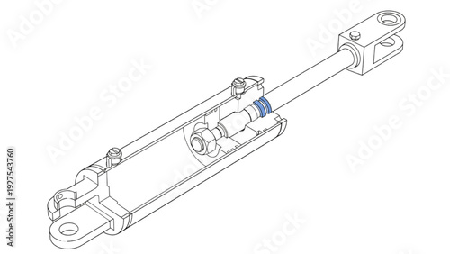 Industrial line art cutaway drawing of a hydraulic cylinder showing internal components