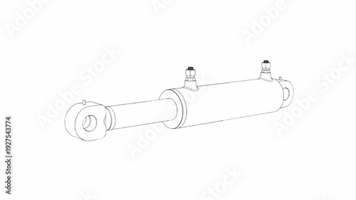 Minimalist industrial line art drawing of a hydraulic cylinder assembly