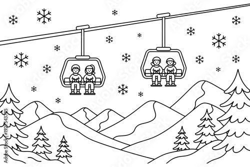 Ski lift silhouette illustration with snowflakes and mountain scenery