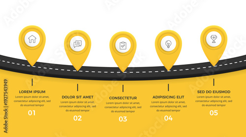 Business roadmap infographic template with five location pins on curved road with yellow background