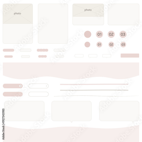 ナチュラルで大人かわいいセクション背景＆UI素材セット。女性向けくすみカラーの液体シェイプ背景・カード・ボタンなどLP・バナー向けベクターイラスト。Web UI Kit with Liquid Shapes, Section Backgrounds, Cards and Buttons Vector Set.