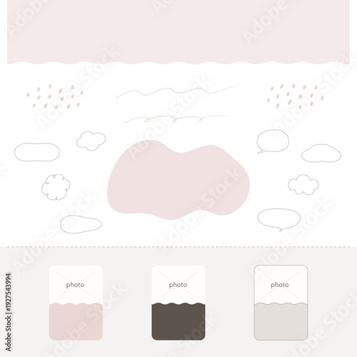 手描き風ラインと液体シェイプのWebデザイン素材セット。セクション背景・吹き出し・装飾パーツ。SNS投稿用のおしゃれなニュアンスカラーあしらい素材。Natural Beige UI Kit with Organic Shapes, Speech Bubbles and Decorative Lines.