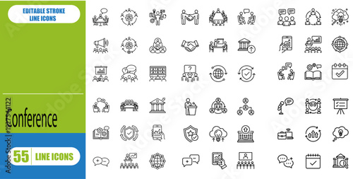 Convention And Seminar Thin Line Icons - Editable Stroke - Icons Include A Convention, Conference, Seminar, Business Convention, Business Conference, Trade Show, Business People, Audience, Presenter, 