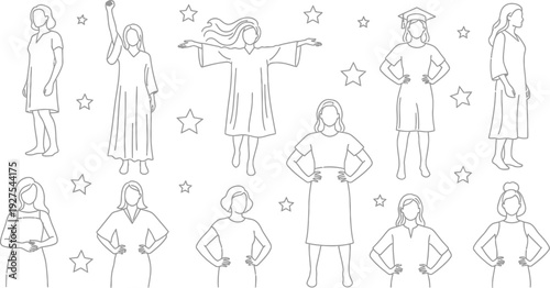 Diverse women line art illustrations representing various life stages and poses, symbolizing empowerment, achievement, and strength within a repeating pattern.