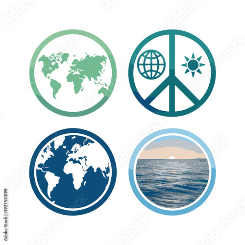 Four circular icons showing world maps peace symbol and ocean sunset globe earth