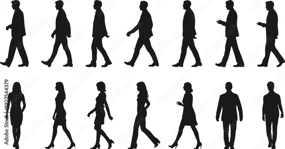 Fototapeta premium Assortment of Business People Silhouettes in Motion and Poses on White walking
