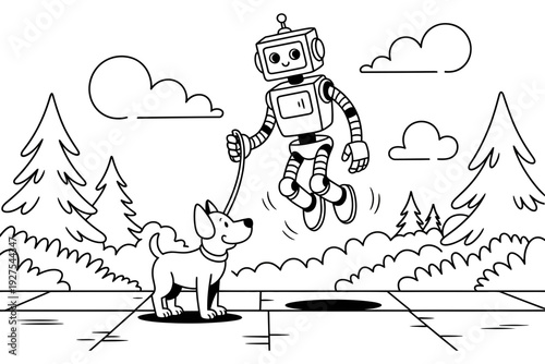 A robot illustration jumping with a happy dog in a park