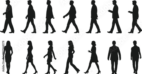 Assortment of Business People Silhouettes in Motion and Poses on White walking