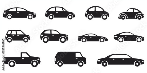 Collection of Black Car Icons and Silhouettes on White Background automobile vehicle