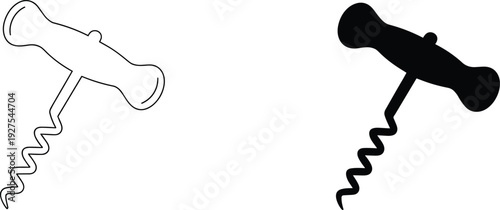 Black Silhouette and Outline of a Corkscrew on White Background wine opener bottle opener