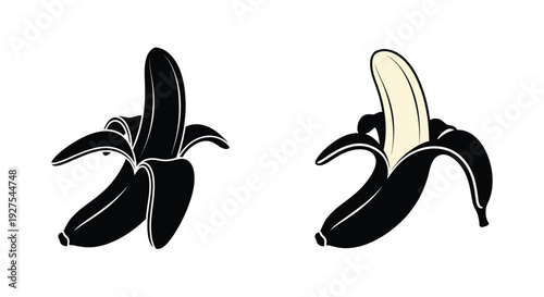 Two bananas one peeled presented in contrasting black styles silhouette