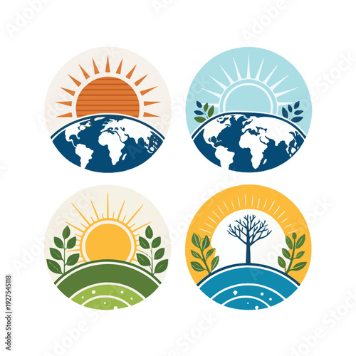 Four circular emblems depicting earth sun and nature scenes globe leaves