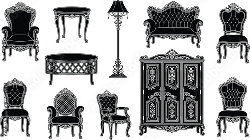 Vintage furniture silhouette illustration, ornate chairs, classical loveseat, antique wardrobe, baroque lamp, decorative tables, historical interior design elements