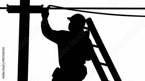 Lineman working on power lines from ladder silhouette