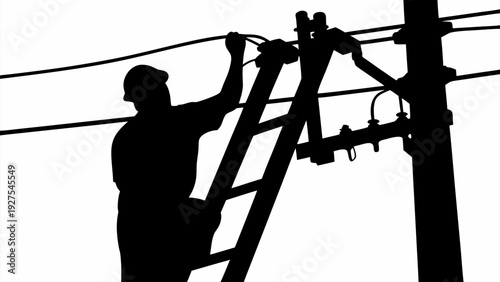 Electrician working on power lines from a ladder