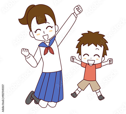 笑顔でジャンプする女の子と男の子のイラスト