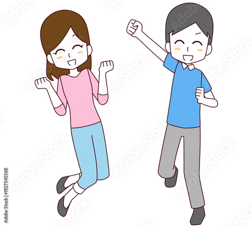 笑顔でジャンプする男女のイラスト