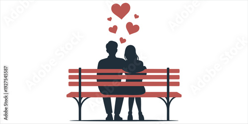 Couple Silhouettes on Red Bench with Red Hearts Floating Above love romance