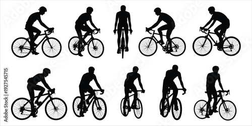 Diverse Cyclist Silhouettes Showcasing Different Riding Positions and Views Keywords: cyclist, cycling, bicycle, sport