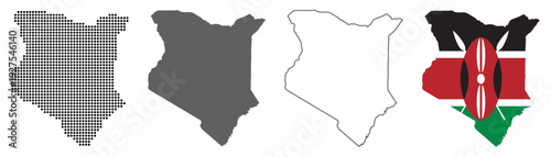 Kenya country map vector set with dotted pattern solid silhouette outline and national flag illustration