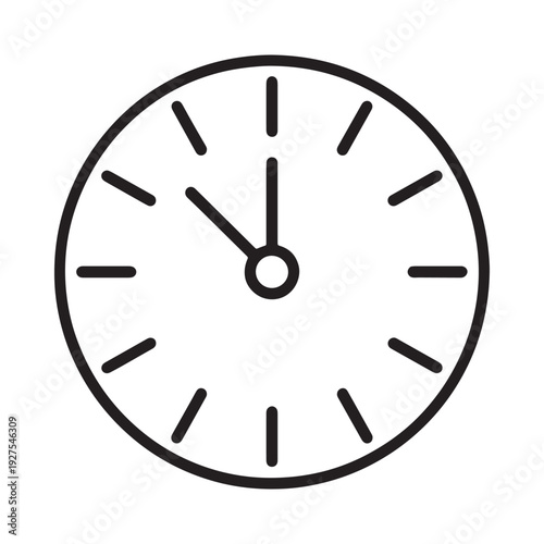 A simple black and white illustration of a circular clock face showing approximately ten minutes past the hour