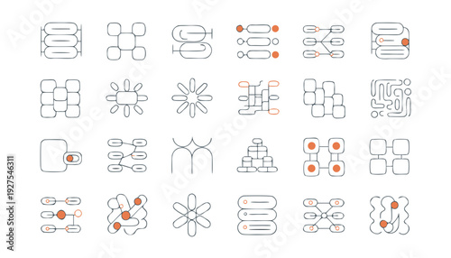 Collection of simple line icons representing various scientific and technological concepts from molecular structures to digital devices viewed from a straightforward perspective