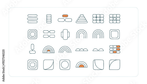 Collection of modern geometric icons showcasing various shapes and designs in a minimalist style, presented in a grid layout.