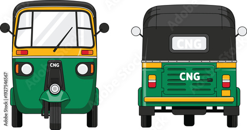 auto, rickshaw, cng, tuk, tuk, vector, illustration, front, rear, view, transport, vehicle, taxi, urban, india, asia, threewheeler, design, isolated, graphic